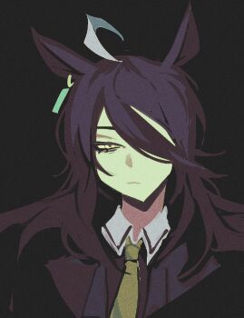 1girl ahoge animal_ears bags_under_eyes black_hair black_shirt closed_mouth collared_shirt contrast_collar ear_ornament ear_tag earrings frown hair_between_eyes hair_over_one_eye half-closed_eyes horse_ears horse_girl jewelry long_bangs long_hair long_hair_between_eyes manhattan_cafe_(creeping_black)_(umamusume) manhattan_cafe_(umamusume) mel_(koginaki) multicolored_hair necktie shirt single_earring solo umamusume white_hair yellow_necktie