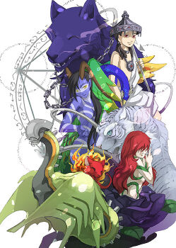 2girls 2others 3boys alraune_(megami_tensei) bird black_flower black_hair black_rose blue_fur blue_skin breasts byakko_(megami_tensei) chain colored_skin cybele_(megami_tensei) demon_(megami_tensei) demon_horns devil_summoner:_soul_hackers devil_summoner_(series) dragon fenrir_(megami_tensei) fireball flower grin hair_censor hair_over_eyes holding holding_polearm holding_weapon horns kartikeya_(megami_tensei) kaso_(megami_tensei) leaf long_hair medium_breasts messy_hair monster_girl mouse_(animal) multiple_boys multiple_girls multiple_others nimai pale_skin peacock pentagram plant_girl pointy_ears polearm red_eyes red_fur red_hair rose smile spear tattoo thorns tiger weapon white_background white_fur wolf yellow_eyes zeed_(soul_hackers)