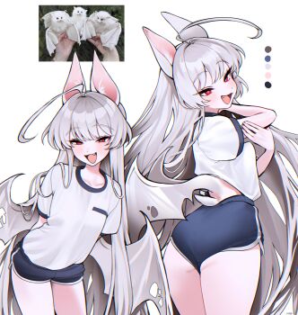 2girls :d absurdres ahoge animal_ears bat_(animal) bat_ears bat_wings from_behind gym_uniform hand_on_own_arm haze_(7h4ze) highres long_hair looking_at_viewer multiple_girls open_mouth original simple_background smile teeth white_background white_hair wings