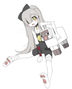 1girl @_@ absurdres animal_hands blunt_bangs fang feet grey_hair hair_ornament hair_over_one_eye highres long_hair minecraft original oyasu_miyo pawpads rabbit_hair_ornament scar sheep sheep_(minecraft) simple_background spread_legs stitches vreparty white_background yellow_eyes