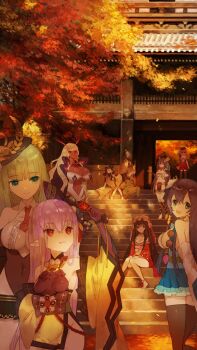 Rule 34 | 6+girls, autumn leaves, bare shoulders, black hair, castle, dark-skinned female, dark skin, date shigezane (sengoku bushouki muramasa), green eyes, grey hair, highres, hosokawa tadaoki (sengoku bushouki muramasa), itou ittousai (sengoku bushouki muramasa), japanese clothes, kimono, leaf, long hair, multiple girls, official art, purple hair, red eyes, saitou dousan (sengoku bushouki muramasa), sengoku bushouki muramasa, smile, tokugawa ieyasu (sengoku bushouki muramasa), tokugawa ieyasu (sengoku collection), zhuzi