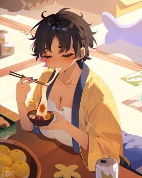 1girl absurdres artist_name black_hair bon_(vtuber) bowl breasts can chopsticks cleavage closed_eyes collarbone drink_can eating food fruit highres holding holding_bowl holding_chopsticks indie_virtual_youtuber multicolored_hair pillow pink_hair shadow short_hair solo streaked_hair table twitter_username virtual_youtuber weiic