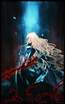 1girl blonde_hair blue_dress darkness dress facing_away hinata_(echoloveloli) holding holding_weapon long_hair mary_clarissa_christie plant shikkoku_no_sharnoth solo steampunk_(liarsoft) thorns very_long_hair vines wavy_hair weapon