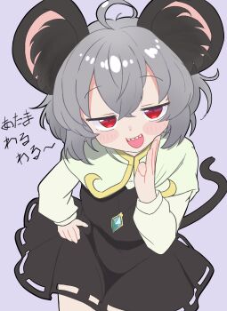 1girl :d ahoge animal_ear_fluff animal_ears black_dress blush commentary cookie_(touhou) cowboy_shot dress grey_hair hand_up highres iji_(nicoseiga_20917) jewelry looking_at_viewer mouse_ears mouse_girl mouse_tail nazrin necklace nyon_(cookie) open_mouth pendant purple_background red_eyes sharp_teeth short_hair simple_background smile solo tail teeth touhou translation_request