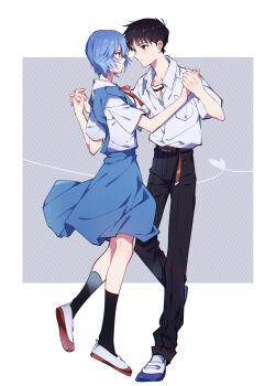 1boy 1girl ayanami_rei belt blue_dress blue_hair blush breasts collared_shirt dancing dress highres holding_hands ikari_shinji looking_at_another neon_genesis_evangelion pants red_eyes red_ribbon ribbon school_uniform shirt shoes short_hair simple_background uwabaki white_shirt yoshio_296