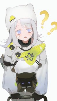 1girl ? ?? @_@ absurdres animal_hat arknights arknights:_endfield bandaid bandaid_on_cheek bandaid_on_face black_bodysuit blue_eyes bodysuit breasts chestnut_mouth chinese_commentary commentary_request confused cowboy_shot estella_(arknights) fe_(sakura) grey_hair hat highres long_hair long_sleeves looking_at_viewer nervous_sweating open_mouth simple_background solo standing sweat white_background white_hat