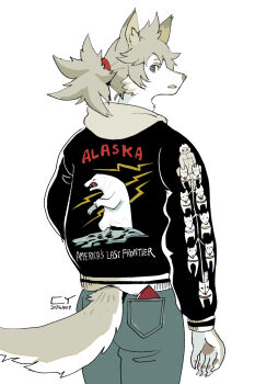 1boy black_jacket blonde_hair blue_eyes claws colored_eyelashes cowboy_shot highres jacket kyarumin looking_at_viewer looking_back male_focus original ponytail simple_background solo standing tail white_background