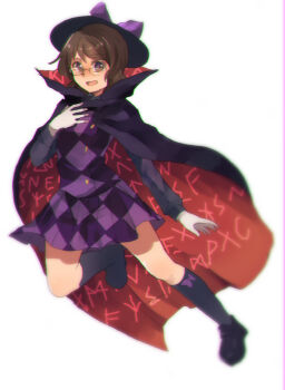 Rule 34 | alternate costume, black shirt, black socks, brown eyes, brown hair, checkered clothes, checkered skirt, checkered vest, cloak, fedora, full body, glasses, gloves, hat, highres, kneehighs, loafers, low twintails, purple skirt, purple vest, runes, school uniform, shirt, shoes, shukinuko, skirt, socks, touhou, twintails, usami sumireko, vest