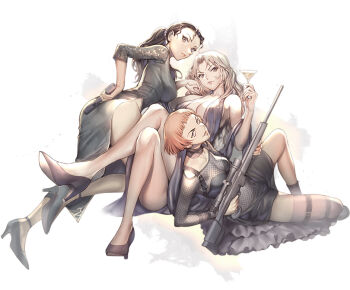 Rule 34 | 3girls, battle rifle, belt, belt buckle, black belt, black boots, black dress, black hair, black shoes, blonde hair, blunt bangs, boots, breasts, brown hair, buckle, chianti (meitantei conan), china dress, chinese clothes, cleavage, closed mouth, cocktail glass, collarbone, crossed legs, cup, dress, drinking glass, fishnet dress, full body, gun, h&amp;k psg1, halter dress, halterneck, handgun, high heels, holding, holding cup, holding gun, holding weapon, knee up, leaning back, long hair, looking at viewer, low ponytail, meitantei conan, mizunashi rena, multiple girls, parted lips, ponytail, rifle, shoes, short hair, sitting, sniper rifle, thigh belt, thigh strap, three-quarter sleeves, vermouth (meitantei conan), weapon, white background, xlo box