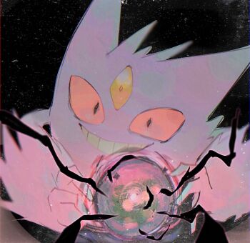 animal_focus black_background black_eyes colored_sclera constricted_pupils energy_ball english_text forehead_jewel gen_1_pokemon gengar grin happy jari_(jje11y12) looking_at_viewer mega_gengar mega_pokemon nintendo no_humans pokemon pokemon_(creature) pokemon_move red_sclera shadow_ball_(pokemon) smile solo teeth