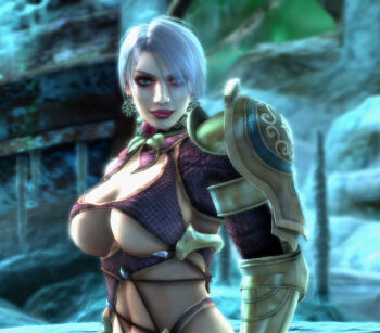 Rule 34 | 1girl, 3d, armor, blue eyes, breasts, cave, cleavage, earrings, female focus, game cg, game screenshot, hair over one eye, huge breasts, isabella valentine, jewelry, large breasts, lipstick, makeup, namco, official art, outdoors, short hair, smile, solo, soul calibur, soulcalibur, soulcalibur iv, underboob, video game screencap, white hair