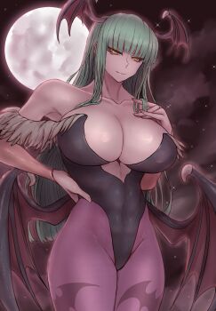 1girl animal_print bare_shoulders bat_print bat_wings bhm black_leotard breasts bridal_gauntlets cleavage closed_mouth commentary darkstalkers demon_girl green_hair head_wings highleg highleg_leotard highres large_breasts leotard long_hair looking_at_viewer morrigan_aensland pantyhose print_pantyhose purple_pantyhose smile solo wings