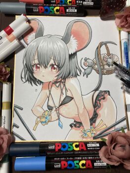 1girl absurdres animal_ear_fluff animal_ears art_tools_in_frame bikini black_bikini breasts commentary_request grey_hair highres holding holding_with_tail jewelry looking_at_viewer medium_hair mosho mouse_(animal) mouse_ears mouse_girl mouse_tail nazrin pendant photo_(medium) prehensile_tail red_eyes scrunchie shikishi small_breasts solo swimsuit tail touhou traditional_media wrist_scrunchie