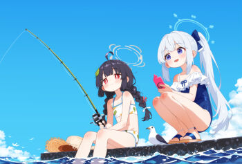 2girls ahoge bare_legs bikini bird black_hair blue_archive blue_bow blue_one-piece_swimsuit blue_ribbon blue_sky blush bow braid bright_pupils casual_one-piece_swimsuit cellphone cloud collarbone commentary_request fishing fishing_rod frilled_one-piece_swimsuit frills grey_hair hair_bow halo hat holding holding_fishing_rod holding_unworn_clothes leaf leaf_on_head leaf_print light_smile long_hair miyako_(blue_archive) miyako_(swimsuit)_(blue_archive) miyu_(blue_archive) miyu_(swimsuit)_(blue_archive) multiple_girls mutsuse official_alternate_costume one-piece_swimsuit outdoors phone ponytail ribbon ribbon-trimmed_swimsuit ribbon_trim sandals seagull sidelocks sitting sky soaking_feet squatting straw_hat swimsuit twin_braids very_long_hair white_bikini white_bow white_pupils