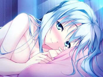 1girl bed blue_eyes blush breasts bad_tag collarbone erect! game_cg long_hair lunastia_asteel night nude piromizu ribbon silver_hair