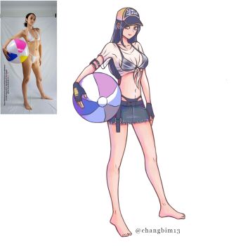 1girl armband ball barefoot baseball_cap beachball bikini black_bikini black_gloves black_hair breasts changbim13 cleavage final_fantasy final_fantasy_vii final_fantasy_vii:_ever_crisis fingerless_gloves full_body gloves grey_skirt hat highres holding holding_ball holding_beachball large_breasts light_smile long_hair looking_at_viewer low-tied_long_hair midriff miniskirt navel official_alternate_costume red_eyes reference_inset see-through_clothes see-through_shirt shirt skirt solo standing swimsuit tied_shirt tifa_lockhart tifa_lockhart_(lifeguard) twitter_username wet wet_clothes wet_shirt white_background