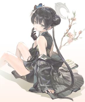 Rule 34 | 1girl, bare shoulders, black dress, black gloves, black hair, blue archive, butterfly hair ornament, china dress, chinese clothes, chinese commentary, commentary request, double bun, dress, gloves, grey halo, hair bun, hair ornament, halo, highres, holding, holding petal, jacket, jiu jiu jiu jiu, kisaki (blue archive), long hair, open clothes, open jacket, petals, single glove, single sleeve past wrist, sleeveless, sleeveless dress, solo, striped clothes, striped jacket, twintails, vertical-striped clothes, vertical-striped jacket