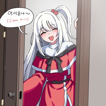 1girl bilingual_commentary bilingual_text blush closed_eyes commentary door ehehe52921343 english_commentary english_text highres korean_commentary korean_text long_hair mixed-language_commentary mixed-language_text open_mouth opening_door red_robe robe shinki_(touhou) smile solo speech_bubble touhou touhou_(pc-98) very_long_hair white_hair