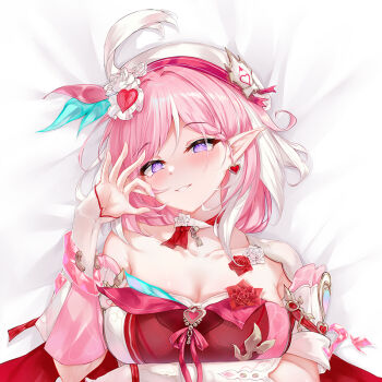 1girl beret blush breasts cirnos cleavage commentary_request dakimakura_(medium) diamond-shaped_pupils diamond_(shape) dress earrings elf elysia_(hi_love_elf)_(honkai_impact) elysia_(honkai_impact) half-heart_hands hat heart heart_earrings honkai_(series) honkai_impact_3rd jewelry large_breasts looking_at_viewer lying merchandise_available on_back pink_hair pointy_ears purple_eyes red_dress short_hair smile solo symbol-shaped_pupils upper_body