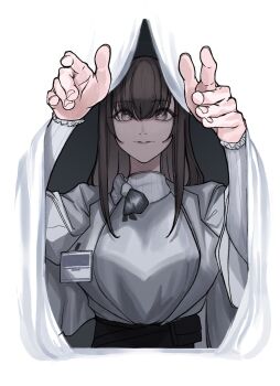 1girl arknights arms_up bow closed_mouth coat diamond-shaped_pupils diamond_(shape) grey_eyes hair_between_eyes highres id_card lab_coat long_hair long_sleeves looking_at_viewer pappi_creamy priestess_(arknights) solo sweater symbol-shaped_pupils turtleneck turtleneck_sweater upper_body white_coat white_sweater