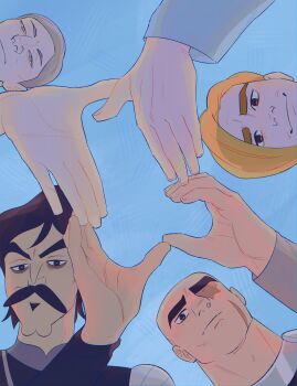 4boys absurdres apis_(ousama_ranking) bags_under_eyes bald bebinn blonde_hair blue_sky domas dorshe from_below half-closed_eyes highres light_frown male_focus missing_eye multiple_boys mustache ousama_ranking scepterno sexually_suggestive sky smile thick_eyebrows thick_mustache thick_neck upper_body v-shaped_eyebrows