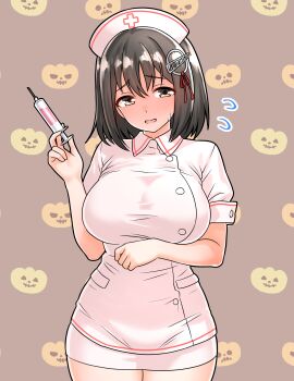 1girl absurdres black_hair blush bob_cut breasts brown_eyes dress furaggu_(frag_0416) haguro_(kancolle) hair_ribbon hat highres holding holding_syringe kantai_collection large_breasts medium_hair nurse_cap red_ribbon ribbon short_sleeves solo standing syringe thighs variant_set white_dress