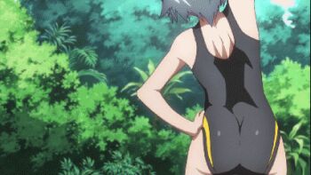 10s 1girl animated animated_gif anime_screenshot ass barefoot ben-tou competition_swimsuit exercising female_focus lowres non-web_source one-piece_swimsuit short_hair silver_hair solo stretching swimsuit toned yarizui_sen