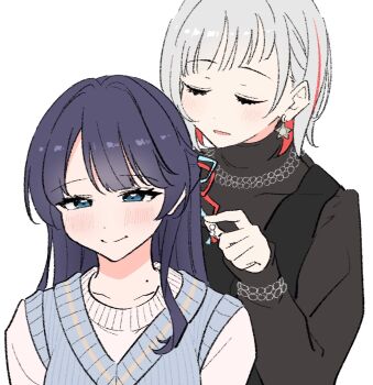 2girls :d black_shirt blue_eyes blue_hair blush brown_sweater_vest closed_eyes closed_mouth commentary diagonal_bangs earrings grey_hair hair_intakes half_updo highres jewelry link!_like!_love_live! llkapital long_hair long_sleeves love_live! multicolored_hair multiple_girls murano_sayaka murano_sayaka_(winter_loungewear) official_alternate_costume open_mouth red_hair shirt short_hair simple_background smile split_mouth star_(symbol) star_earrings streaked_hair sweater sweater_vest u_u upper_body v-neck virtual_youtuber white_background white_sweater yugiri_tsuzuri yugiri_tsuzuri_(post-graduation)