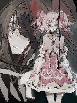 2girls akemi_homura akuma_homura black_eyes black_feathers black_hair bow chest_bow dress feathers gloves hair_bow halter_dress halterneck kaname_madoka kaname_madoka_(magical_girl) magical_girl mahou_shoujo_madoka_magica mahou_shoujo_madoka_magica:_walpurgis_no_kaiten multiple_girls one_eye_covered pink_bow pink_dress pink_eyes pink_hair red_bow twintails wataru032281529 white_gloves