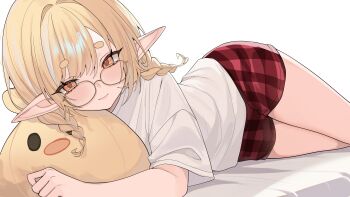 1girl absurdres blonde_hair braid brown-framed_eyewear closed_mouth commentary glasses highres hugging_doll hugging_object indie_virtual_youtuber kanna_yanagi long_hair looking_at_viewer looking_over_eyewear lying mugripley multicolored_hair on_bed on_stomach orange_eyes plaid_clothes plaid_shorts pointy_ears red_shorts shirt short_shorts short_sleeves shorts simple_background smile solo streaked_hair thick_eyebrows thighs twin_braids virtual_youtuber white_background white_shirt