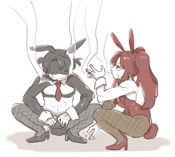 1boy 1girl anger_vein animal_ears black_hair black_shoes black_sleeves fishnets full_body gebura_(project_moon) high_heels highres kojocho05 leotard library_of_ruina long_hair looking_at_viewer muscular muscular_female muscular_male pantyhose parted_bangs playboy_bunny ponytail project_moon rabbit_ears rabbit_tail red_hair red_leotard red_shoes reverse_bunnysuit reverse_outfit roland_(project_moon) scar scar_on_face shadow_censor shoes short_hair simple_background smoking squatting strapless strapless_leotard tail very_long_hair white_background white_wrist_cuffs wrist_cuffs