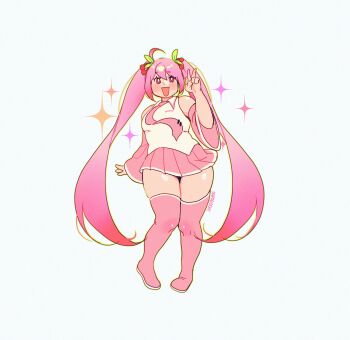 Rule 34 | :3, :d, boots, bright pupils, cherry, cherry hair ornament, collared shirt, commentary, detached sleeves, english commentary, food, food-themed hair ornament, fruit, full body, hair ornament, hand up, hatsune miku, highres, long hair, looking at viewer, necktie, negative space, open mouth, outline, papogochi, pink boots, pink eyes, pink hair, pink necktie, pink skirt, pink sleeves, pink theme, plump, sakura miku, shirt, sign, skirt, sleeveless, sleeveless shirt, sleeves past wrists, smile, sparkle, thick thighs, thighs, twintails, v, very long hair, vocaloid, white background, white pupils, yellow outline