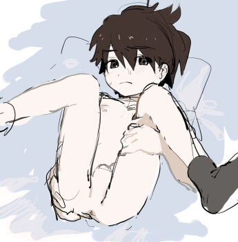 1boy anus ass bare_legs blush capcom completely_nude embarrassed knees lan_hikari_(mega_man) leg_grab legs lying male_focus mega_man_(series) mega_man_battle_network mega_man_battle_network_(series) nude penis perineum presenting presenting_anus shorts shota sketch socks socks_only solo spread_anus spread_ass spread_legs testicles tomo_hiro