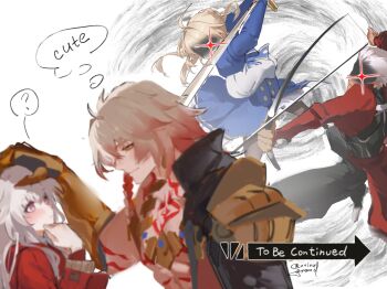 2boys 2girls ? absurdres ahoge ancient_greek_clothes archer_(fate) archer_(honkai:_star_rail)_(fate) armor arrow_(projectile) arrow_(symbol) artist_name artoria_pendragon_(fate) black_bodysuit black_boots black_pantyhose black_shirt blonde_hair blue_bow blue_bowtie blue_dress blurry blurry_foreground blush body_markings bodysuit boots bow bow_(weapon) bowtie braid breasts brown_eyes buttons clara_(honkai:_star_rail) closed_mouth coat collared_shirt dark-skinned_male dark_skin dress energy english_text excalibur_(fate/stay_night) fate/stay_night fate/unlimited_blade_works fate_(series) floating_hair frills gauntlets gold_necklace gradient_hair greco-roman_clothes hair_bun hair_ornament hand_on_another&#039;s_head hand_on_own_chin highres holding holding_bow_(weapon) holding_sword holding_weapon honkai:_star_rail honkai_(series) jewelry juliet_sleeves long_hair long_sleeves medium_breasts multicolored_hair multiple_boys multiple_girls muscular muscular_male mydei_(honkai:_star_rail) necklace noiruground open_clothes open_coat pantyhose petting pink_eyes puffy_sleeves red_coat red_eyes red_hair saber_(fate) saber_(honkai:_star_rail)_(fate) shirt short_hair shoulder_armor sidelocks simple_background single_bare_shoulder single_braid smile speech_bubble spoken_question_mark sword thought_bubble to_be_continued two-tone_dress weapon white_background white_dress white_hair