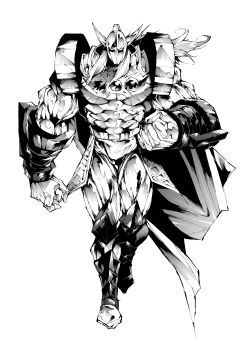Rule 34 | 1boy, absurdres, akuma shogun, ankle wrap, armor, belt, clenched hand, full armor, full body, greyscale, highres, kinnikuman, knee guards, long hair, looking at viewer, male focus, monochrome, muscular, muscular male, pobotto, simple background, solo, spiked helmet, thigh gap, walking towards viewer, white background, wrestling trunks