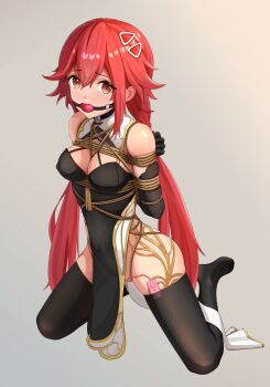 1girl absurdres arms_behind_back ball_gag bare_shoulders bdsm black_choker black_dress black_gloves black_thighhighs blush bondage bound bound_arms bound_breasts bound_torso breast_bondage breasts brown_eyes choker choujigen_game_neptune controller dress egg_vibrator elbow_gloves female_focus full_body gag gagged gloves highres kneeling long_hair looking_at_viewer medium_breasts neptune_(series) no_shoes pelvic_curtain pussy_juice red_hair remote_control restrained sex_toy shibari shibari_over_clothes simple_background skindentation solo tennouboshi_uzume thighhighs twintails very_long_hair vibrator vibrator_in_thigh_strap wanliu wiffle_gag