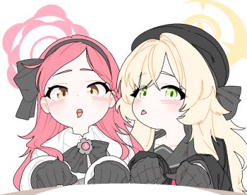 2girls animated animated_gif black_bow black_bowtie black_gloves black_hairband black_jacket blinking blonde_hair blue_archive blush bow bowtie dthmns gloves green_eyes hairband halo jacket long_hair long_sleeves looking_at_viewer multiple_girls open_mouth professor_niyaniya_(blue_archive) red_hair red_halo simple_background takane_(blue_archive) tongue tongue_out white_background white_jacket yellow_eyes yellow_halo