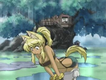 animal_ears animated animated_gif blonde_hair blue_eyes bracelet breasts cleavage dark_skin eyebrows frog full_body jewelry liru lowres midriff ponytail puddle renkin_san-kyuu_magical_pokaan shorts strap surprised tail thighhighs treehouse underboob werewolf wolf_ears wolf_tail