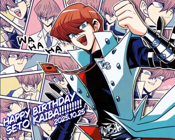 1boy arm_up belt belt_buckle blue_eyes blue_necktie blue_shirt brown_hair buckle card character_name closed_eyes closed_mouth coat collared_shirt commentary_request cowboy_shot dated happy_birthday index_finger_raised jewelry kaiba_seto kararimorz lapels long_sleeves looking_to_the_side male_focus multiple_views necklace necktie notched_lapels open_clothes open_coat open_mouth popped_collar profile shirt smile smirk teeth tongue turtleneck white_coat white_shirt wing_collar yu-gi-oh! yu-gi-oh!_duel_monsters