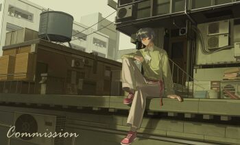 1boy absurdres air_conditioner black_hair bucket cable closed_eyes collared_shirt commission day door dutch_angle elbow_on_knee full_body green_shirt highres knee_up ma_someru original outdoors rooftop rope_belt shirt short_hair sitting solo stairs tassel water_tank