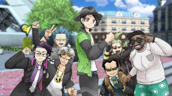 6+boys beard black_gloves black_hair black_hat blue_hair clenched_hand commentary_request corbeau_(pokemon) cyrus_(pokemon) double_thumbs_up eyewear_on_head facial_hair game_screenshot_background ghetsis_(pokemon) giovanni_(pokemon) giovanni_(sygna_suit)_(alt.)_(pokemon) gloves green_hair green_jacket grey_eyes guzma_(pokemon) hat highres jacket looking_at_viewer lumiose_city momoyuu1009 multiple_boys necktie nintendo official_alternate_costume open_mouth paxton_(pokemon) pokemon pokemon_bw2 pokemon_dppt pokemon_legends:_z-a pokemon_masters_ex pokemon_sm pokemon_swsh purple_hair red_eyes rose_(pokemon) round_eyewear screenshot_background smile sunglasses sweater thumbs_up v white_hair white_necktie white_sweater yellow_eyes