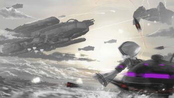 1girl aerial_battle battle battlefield cloud command_&amp;_conquer command_&amp;_conquer:_red_alert command_&amp;_conquer:_red_alert_2 dart from_behind highres hood hood_up irkalla_aerial_fortress laser libra_(mental_omega) lightning linkai_nuofu machine machinery mental_omega_(mod) military_vehicle missile naval_battle ocean official_art outdoors paradox_engine pleated_sleeves psi-corps_symbol scenery science_fiction ship sky splashing sun sunlight telekinesis thor_gunship war warship water watercraft white_hair