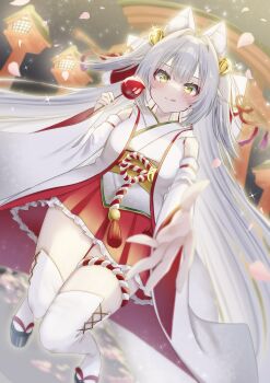 1girl absurdres animal_ears blush commentary fox_ears fox_girl frilled_hakama frilled_skirt frills grey_hair highres japanese_clothes licking_lips long_hair looking_at_viewer miko mirubashi obi okobo original platform_sandals reaching sandals sash skirt symbol-only_commentary tassel thighhighs tongue tongue_out torii twintails white_hair white_thighhighs wide_sleeves yellow_eyes