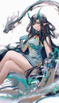 Rule 34 | 1girl, arknights, black hair, china dress, chinese clothes, chinese commentary, colored skin, commentary request, dragon girl, dragon horns, dragon tail, dress, dusk (arknights), dusk (everything is a miracle) (arknights), earrings, green hands, green horns, green skin, hair over one eye, highres, horns, jewelry, long hair, looking at viewer, multicolored hair, nekokomo, pointy ears, red eyes, solo, streaked hair, tail, tassel, tassel earrings