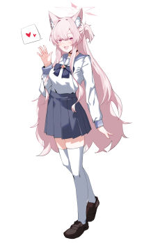 1girl absurdres akira_(blue_archive) animal_ear_fluff animal_ears bell black_choker blue_archive blue_bow blue_bowtie blue_sailor_collar blue_skirt bow bowtie brooch cat_ears choker fang halo heart highres jewelry loafers long_hair neck_bell pleated_skirt plentyofempty sailor_collar school_uniform shoes skirt sky solo spoken_heart thighhighs waving white_hair white_thighhighs
