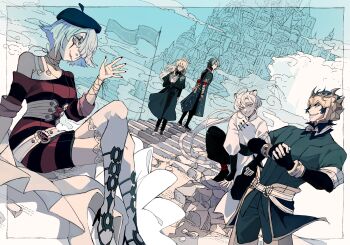 1girl 4boys architecture beret blue_sky border borrowed_character cloud commission day dress dutch_angle flonflonflon hat highres mime multiple_boys original outdoors outside_border perspective second-party_source short_dress single_off_shoulder sky stairs striped_clothes striped_dress waving white_border