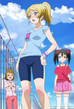 3girls :&lt; :d =_= absurdres anime_screenshot ayase_eli bike_shorts black_hair blonde_hair blue_bike_shorts blue_eyes blush breasts closed_eyes cloud day green_hair hair_ornament hairclip hand_on_own_hip highres hood hoodie koizumi_hanayo looking_at_viewer looking_to_the_side love_live! love_live!_school_idol_festival love_live!_school_idol_project multiple_girls off_shoulder open_mouth pants ponytail railing red_eyes rooftop shirt skirt sky smile stitched t-shirt thighhighs third-party_edit tied_shirt twintails yazawa_nico