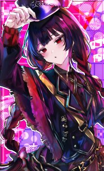 1girl absurdres black_dress black_hat bow braid brown_hair dress hair_bow haishin_shoujo_no_uraaka_meikyuu hand_on_own_hat hat highres long_hair looking_at_viewer mahou_shoujo_no_majo_saiban nikaido_hiro parted_lips red_eyes solo twin_braids twintails yuzuno_wagiri