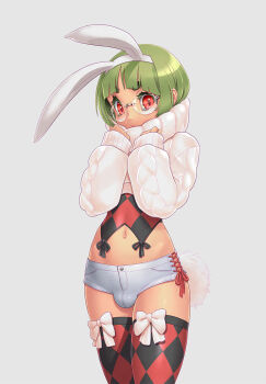 1boy animal_ears argyle_clothes argyle_shirt argyle_thighhighs blunt_bangs bow bow_legwear bulge closed_mouth clothing_request colored_eyelashes commentary_request cowboy_shot crop_top cross-laced_clothes cross-laced_shorts fake_animal_ears glasses green_eyes green_hair grey_background hands_up legs_together looking_at_viewer male_focus midriff navel original po-ju pocket rabbit_ears rabbit_tail red_shirt red_thighhighs shirt short_shorts shorts sideless_shorts sidelocks simple_background sleeves_past_wrists solo standing sweater tail thick_eyebrows thighhighs trap turtleneck turtleneck_sweater variant_set white_bow white_shorts white_sweater white_tail wide_hips