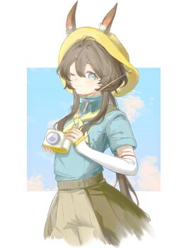 1girl ;) absurdres amiya_(arknights) animal_ears arknights blue_collar blue_eyes blue_shirt brown_hair brown_skirt camera chinese_commentary closed_mouth collar collared_shirt commentary_request cropped_legs ears_through_headwear hair_between_eyes hat highres holding holding_camera long_hair looking_at_viewer one_eye_closed qier7439 shirt short_sleeves skirt smile solo yellow_hat